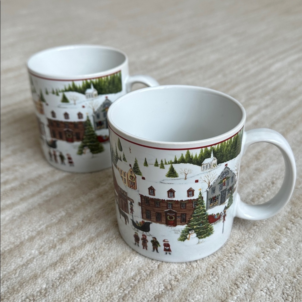Set of 2 Mugs Christmas Valley by Oneida SAKURA 2002 David Carter Brown Holiday